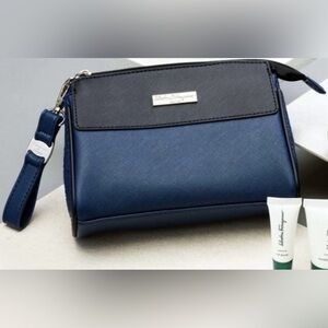 Salvatore Ferragamo X Eva Air Makeup Toiletry Bag Blue Black Zip Clutch.